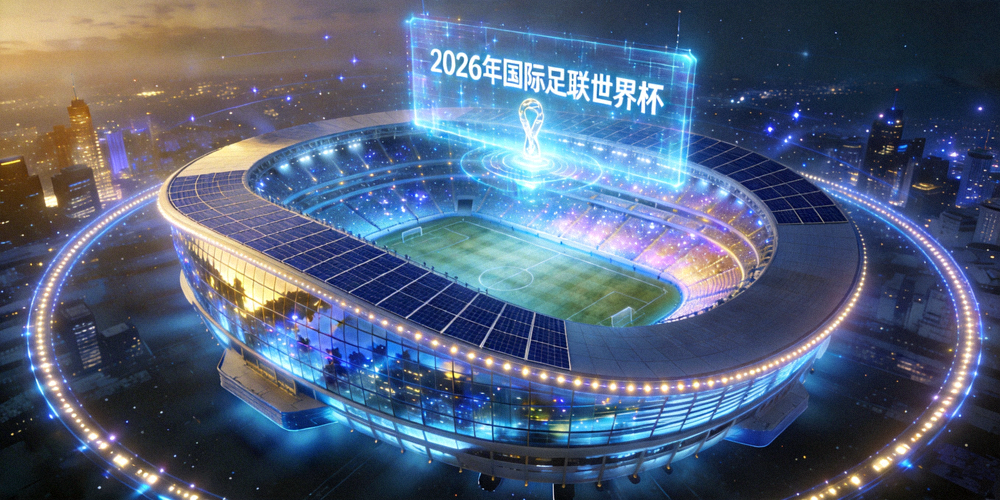 2026年国际足联世界杯概念图，展示融合科技感的现代化足球场馆与璀璨灯光